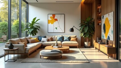 Modern living room interior with large windows and contemporary decor
