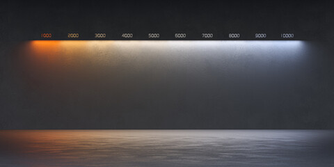 Line of color temperatures of light sources in Kelvin on a dark background