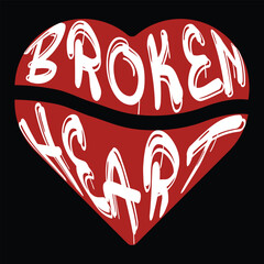 Broken Heart Typography - Red Heart with White Graffiti Text on Black