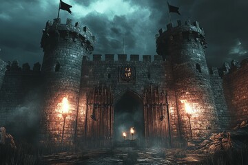 Fototapeta premium Majestic castle gates at night with torches ablaze. AI generated