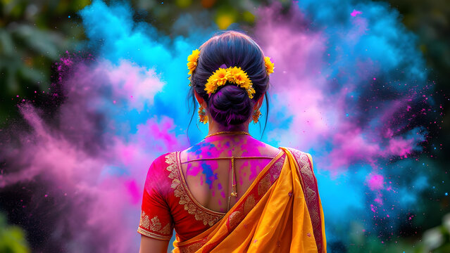 Indian woman in saree playing Holi with gulal colour powder, colors all around in air.