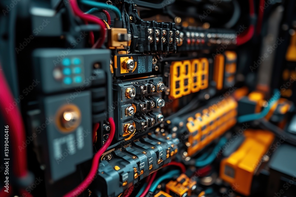 Poster close-up of vehicle electronic wiring and control systems, highlighting complex circuitry and connec
