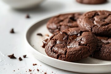Fototapeta premium Chocolate cookies on white plate, bright lighting. AI generated