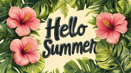 Tropical hibiscus flowers framing hello summer message