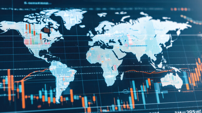 Vibrant world map with financial data overlays, showcasing global market trends.