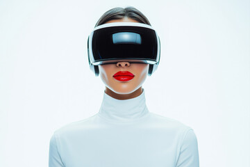 Woman wearing virtual reality headset, exploring immersive tech and futuristic experiences.