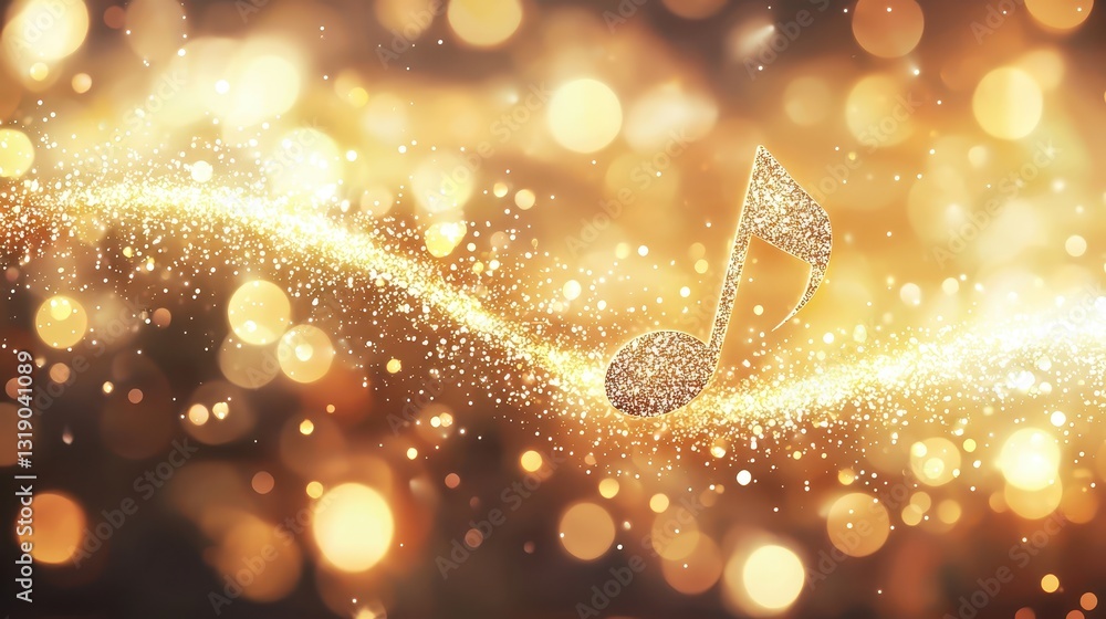 Poster sparkling golden music note with glittering bokeh background