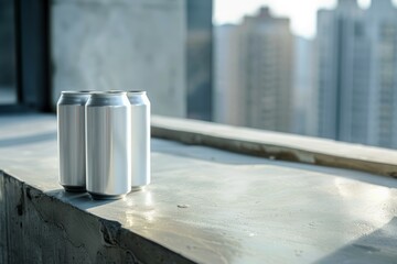 Two beverage cans on rooftop at sunset. AI generated