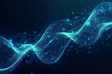 Dynamic digital wave with swirling neon particles on midnight blue background
