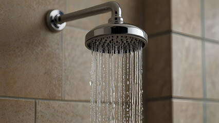 Modern Chrome Shower Head with Flowing Water in Tiled Bathroom Highlighting Cleanliness Relaxation and Contemporary Bathroom Design