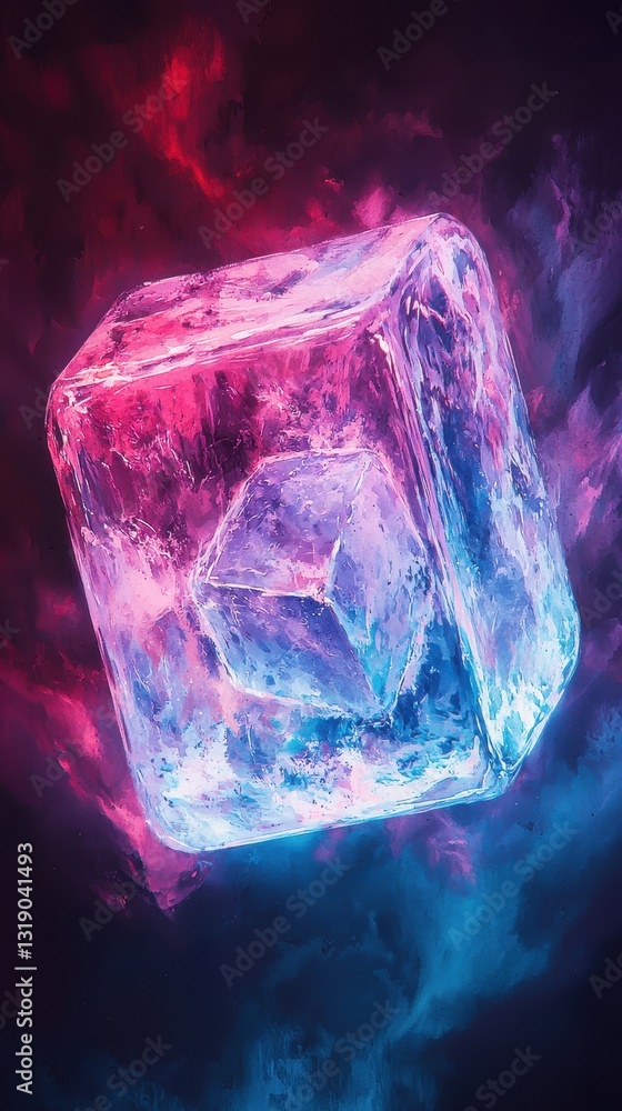 Poster vibrant ice cube floating in colorful abstract background