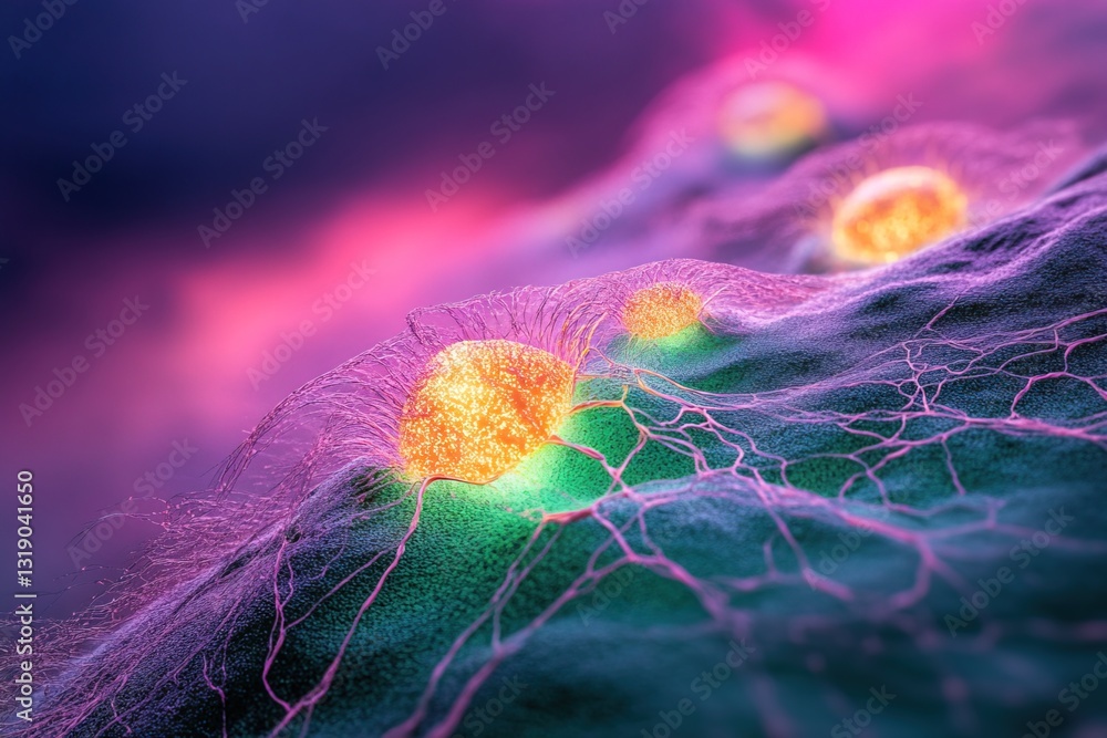 Poster vibrant microscopic view of cell structures illuminated by colorful light