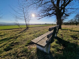 Bank mit Blick auf den Brocken in der Nähe vom Bismarckturm in Osterwieck im Frühling, Harz,...