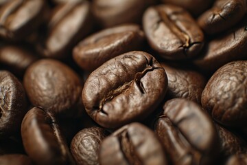 Naklejka premium Close-up of roasted coffee beans with rich texture. AI generated