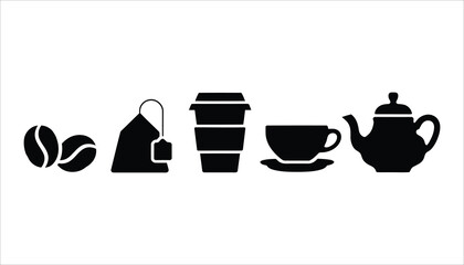 Coffee and Tea Icons. Black Silhouette Vector of Cups, Beans, Teapot, and To-Go Cup.