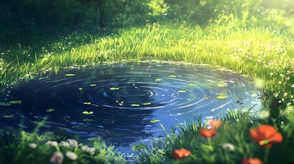 A serene and vibrant pond surrounded by lush green foliage and flowers