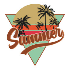 summer logo with palm trees, triangle shape and a sun.