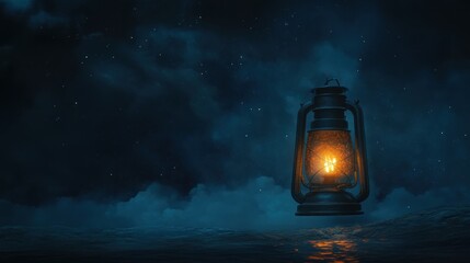 A lone lantern illuminates the night sky, casting a warm glow over the dark, cloudy sea below.
