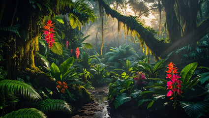 Lush Rainforest Scene with Vibrant Flowers and Sunlight