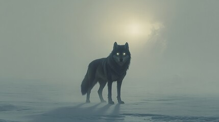 A lone wolf stands in a snowy landscape, its eyes glowing in the pale light.