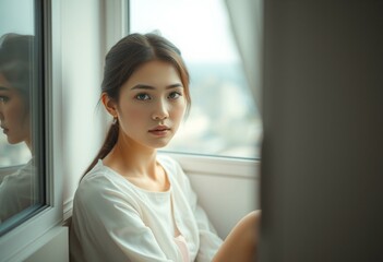 Fototapeta premium Female portrait in a window with soft focus