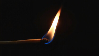 Burning matchstick with blue flame against black background
