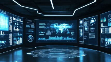 High-tech virtual reality control center with floating holographic screens
