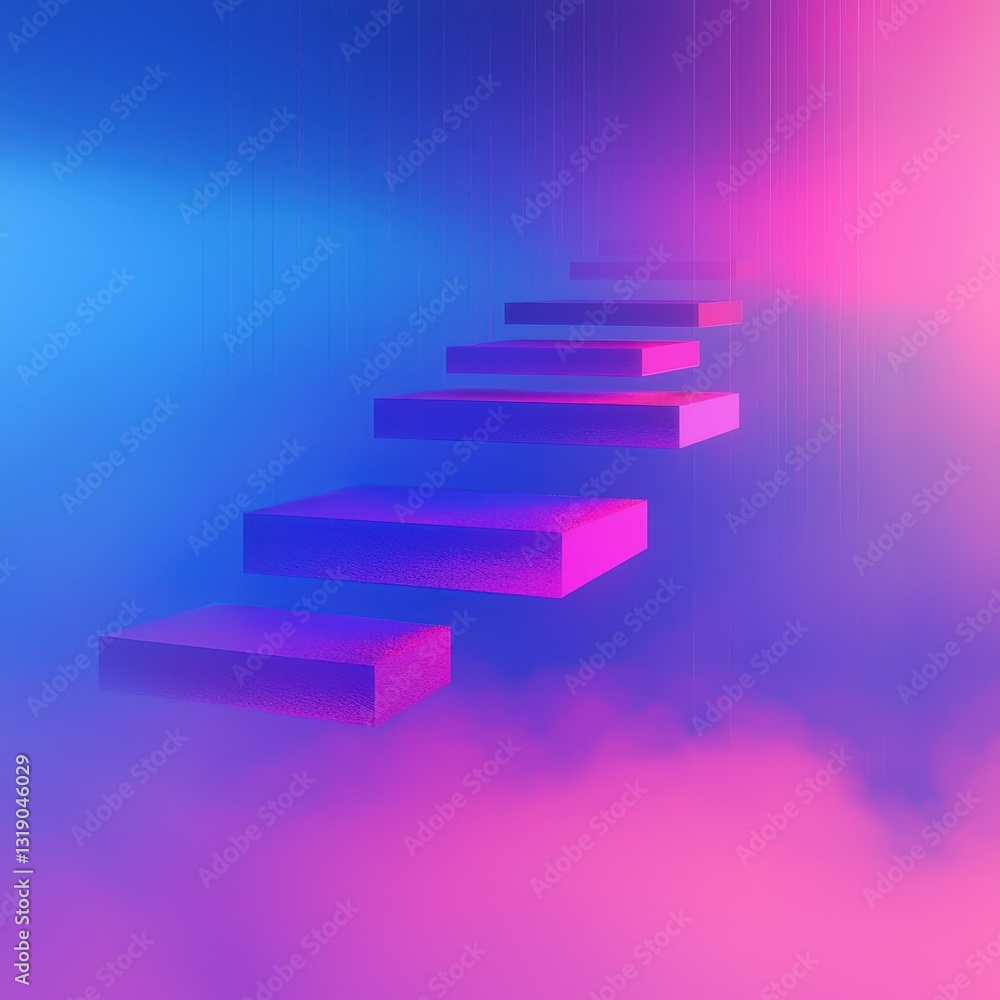 Poster ethereal floating steps in soft colorful mist with dreamy vibe