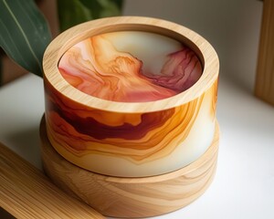 Elegant Round Bowl with Unique Multicolored Resin and Wood Base