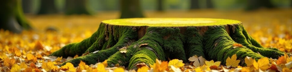 Vibrant yellow foliage surrounding a mossy, aged tree stump , botanical, image, plant