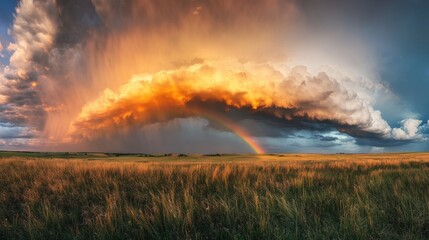 A dramatic sky filled with clouds and a rainbow, with a field of tall grass below.