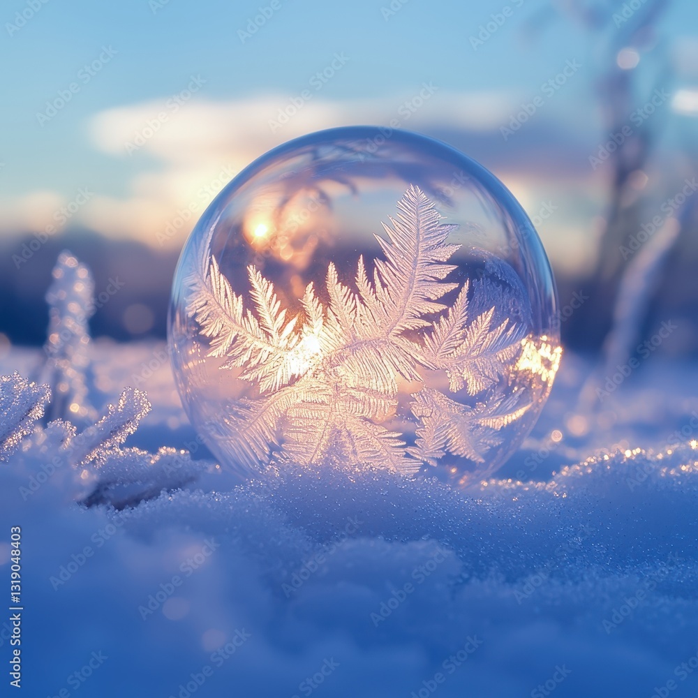 Aufkleber frosted bubble capturing delicate winter patterns on snowy surface