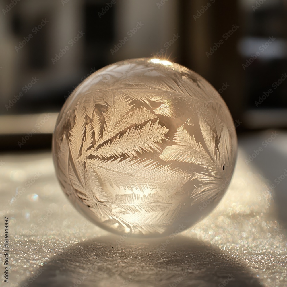 Aufkleber intricate ice sphere with frosted leaf patterns on a sunny surface