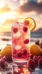 raspberry lemonade in a glass on the beach