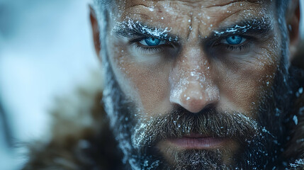 Close-up portrait of a man with ice on his face and beard, intense gaze