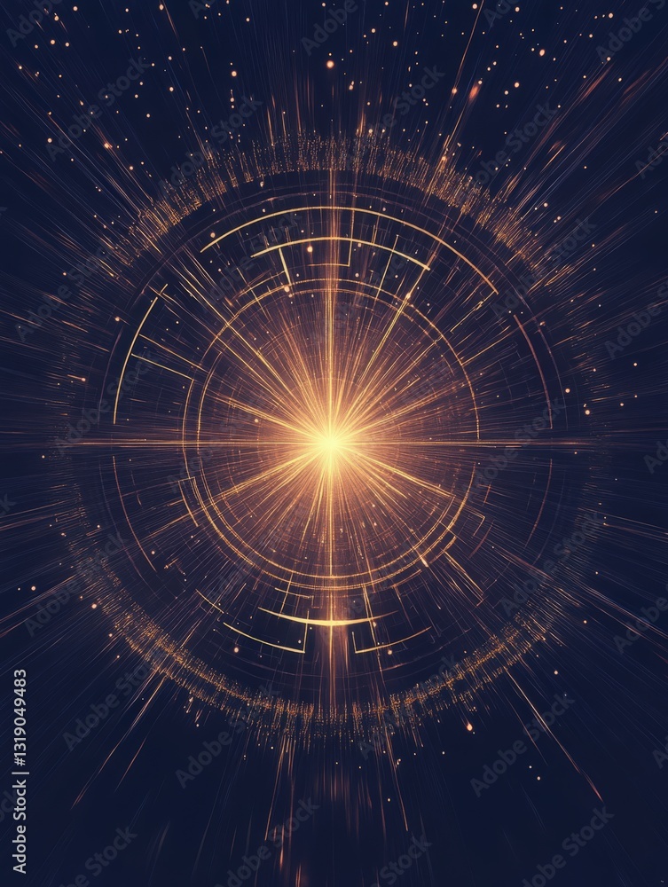 Poster dazzling abstract background with golden radiating lines and futuristic circular design, symbolizing