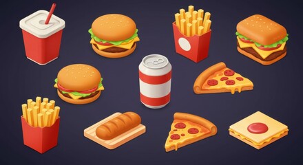 Playful Isometric Icons of Popular Fast Food Items