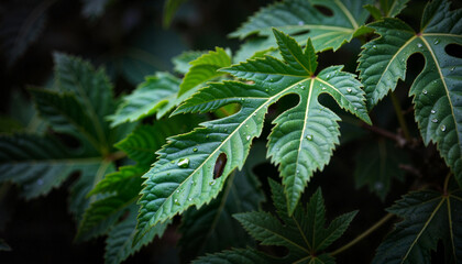 Fototapeta premium Intricate details of leaves with dew and holes, nature's vulnerability