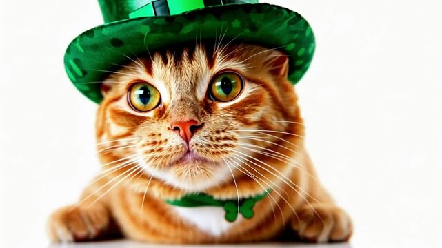 Portrait of a ginger cat wearing a green leprechaun hat, celebrating saint patrick's day	
