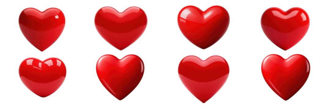 Eight Vibrant Red Hearts Symbolizing Love, Passion, And Affection Against A Clean Isolated on Transparent Background Showcasing A Glossy, 3d Effect