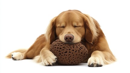 Golden Retriever sleeps, hugging toy, white background, pet product