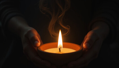 Close-up of cupped hands holding a small clay bowl with a lit candle, emitting a warm glow and subtle smoke against a dark background, symbolizing hope, remembrance, and spirituality.