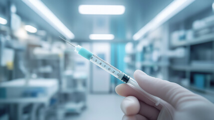 Naklejka premium A gloved hand holding a syringe in a high-tech laboratory environment, symbolizing vaccination, medical injections, and pharmaceutical research.