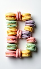Obraz premium A vibrant and artistic representation of letters or numbers crafted from colorful macarons. The pastel hues of pink, green, yellow, and lavender create a visually delightful composition.