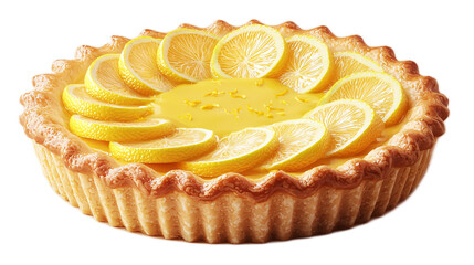 Freshly Baked Lemon Tart with Slices of Lemon Garnish on a White Background