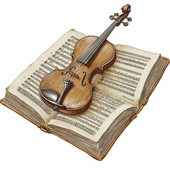 Fototapeta premium Violin Resting on Antique Music Book Illustration