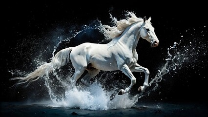 White Horse runs gallop in Water Splash