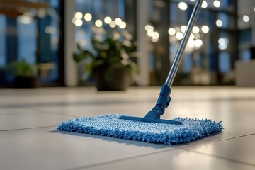 Washing dirty tiled floor with mop
