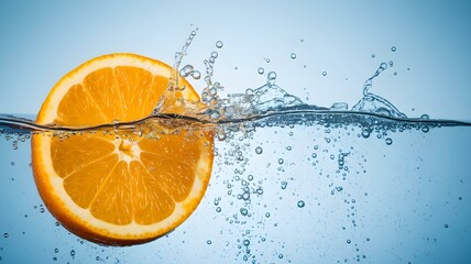  A vibrant, close-up studio shot features a half-cut orange slice submerged in water, set against a light blue background