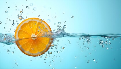  A vibrant, close-up studio shot features a half-cut orange slice submerged in water, set against a light blue background